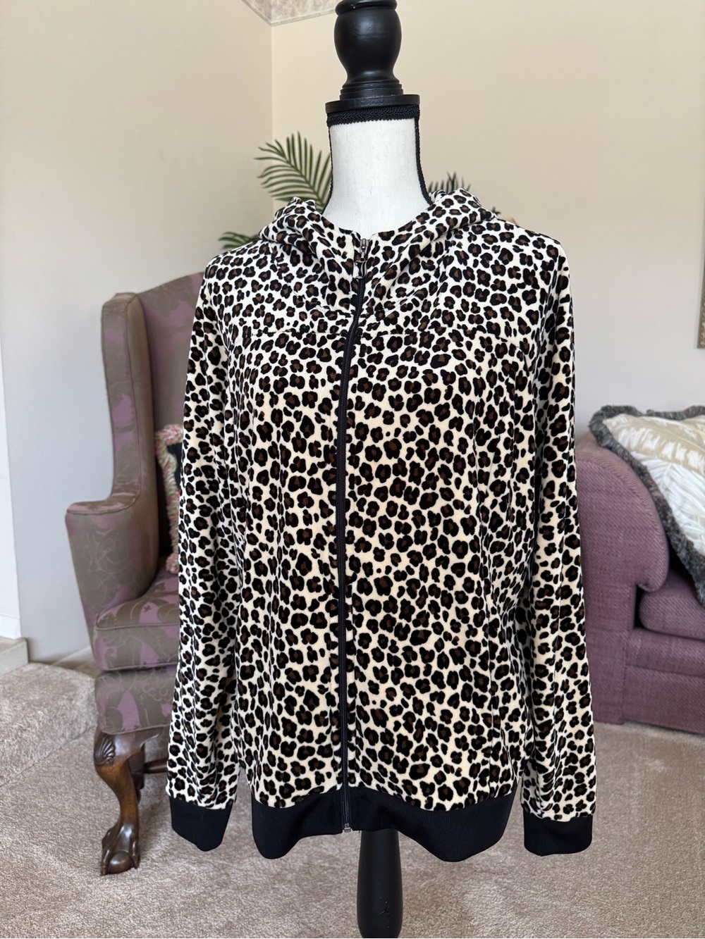 Juicy Couture Leopard Print Velour Hooded Bomber Jacket - Cream, Black & Brown